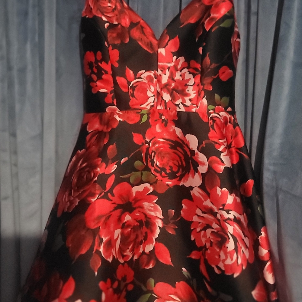 Floral  cocktail or wedding guest dress. Open v cut  back sheer pannel. Lined